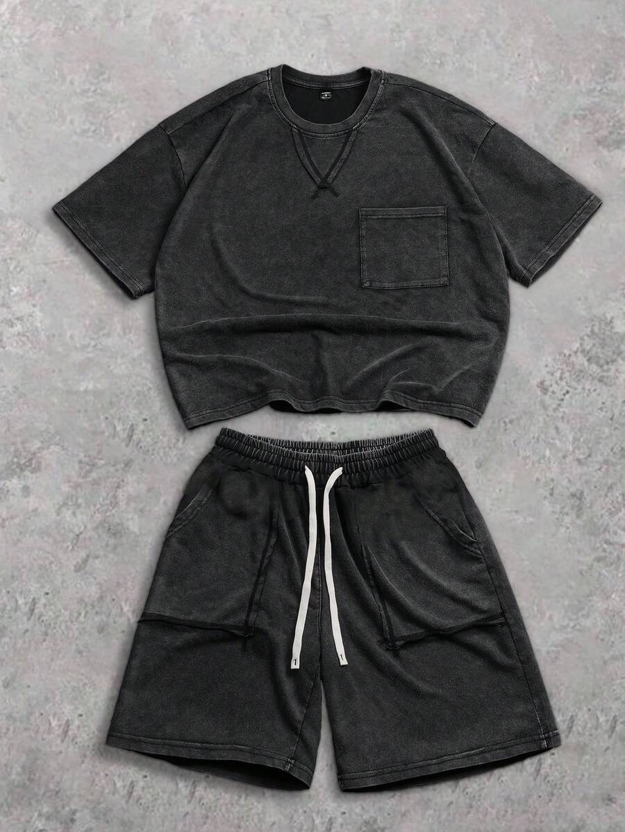 PAVTROS Áo thun nam có túi phía trước và quần short cạp chun. - màu đen - Xem 1