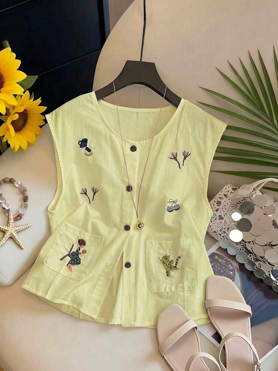 Airaco Women's Summer Embroidered Detail Front Button Round Neck Camisole - Light Yellow - View 1