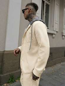 Artur Kramer 1 Bộ áo khoác hoodie cài nút phía trước thời trang nam + quần dài 2 món, nhẹ cho mùa xuân/thu, trang phục mùa thu, trang phục ấm áp - Màu Khaki - Xem 6