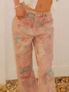 Sydney Algeri 女士新款时尚印花粉色直筒牛仔裤 - 粉色 - 查看 6