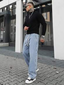 Artur Kramer High-End Minimalist Versatile Straight Washed Denim Jeans, Drawstring Elastic Waist Casual Pants, All Season - Baby Blue - View 4