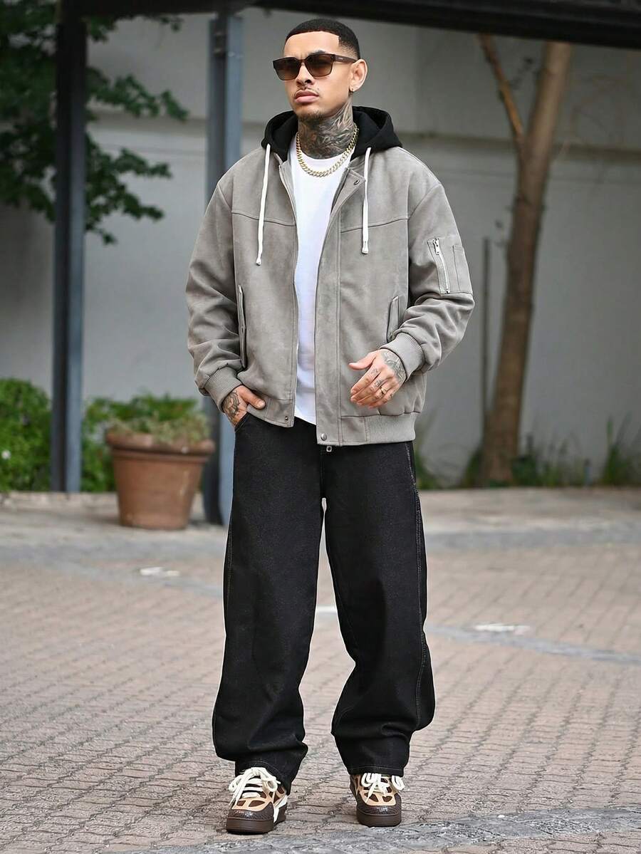 Devon Thys 男士宽松连帽摩托车皮夹克，全新秋冬系列 - 灰色 - 查看 1