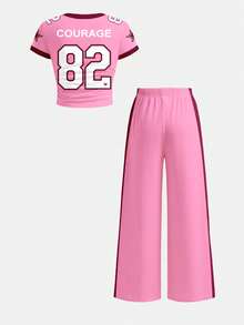 少女街头运动复古豹纹82城市字母图案T恤和紧身裤两件套休闲套装，粉色和酒红色 - 彩色 - 查看 4