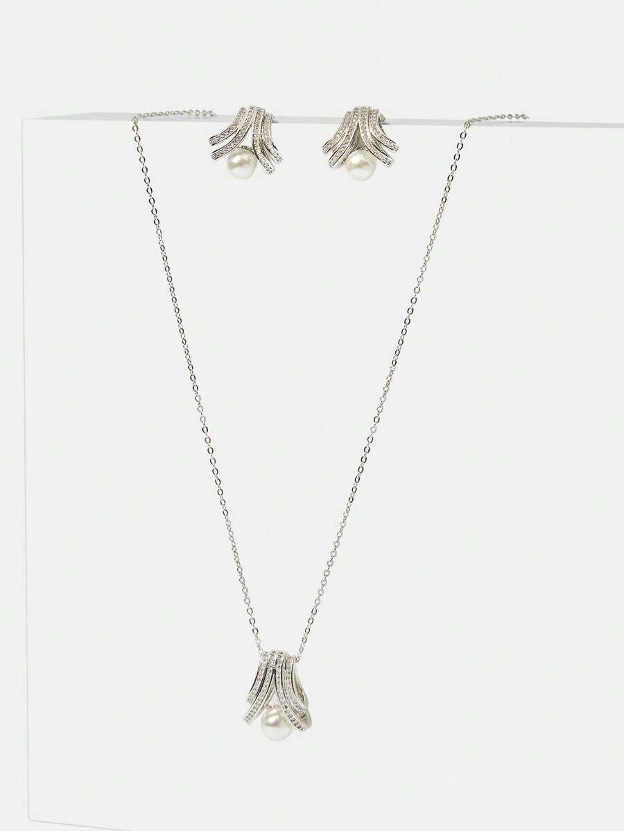 MOTF PREMIUM SILVER DELICATE GEOMETRIC ZIRCONIUM-STUDDED PEARL EARRINGS NECKLACE SET - Silver - View 2