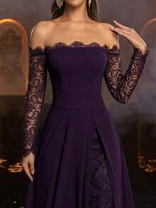 Glamrae Elegant Minimalist Structural Off-Shoulder Neckline Lash Lace Ruffle Semi-Sheer A-Line Dress With Double-Layer Split Hem, Formal Evening Gown, Lightweight Mesh Dress - Dark Purple - View 1