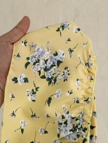 Sunnyshic Summer Camisole Strap Ditsy Floral Ruffle Hem Mini Dress - Yellow - View 7