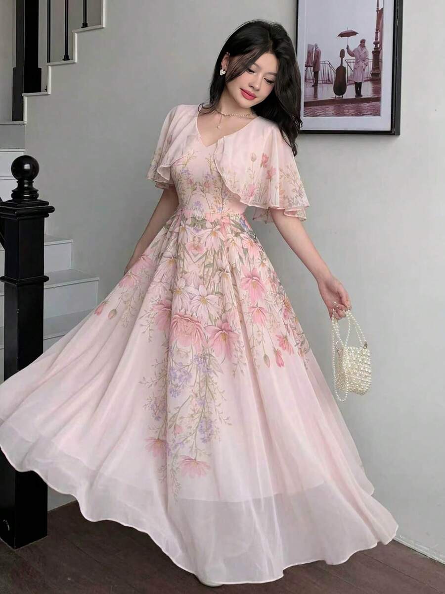Modelyn 女士V领披肩式设计收腰喇叭形印花雪纺连衣裙 - 淺粉色 - 查看 1