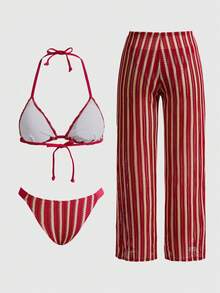 ROMWE Avant Bộ bikini dệt kim kẻ sọc gợi cảm 3 món - Áo tam giác + Quần cạp thấp + Quần ống rộng có thể điều chỉnh | Đồ bơi mùa hè phong cách retro đi biển - Đỏ - Xem 8