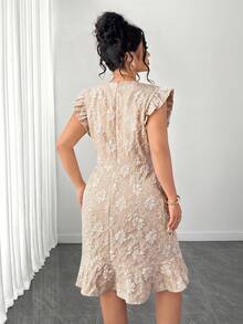 Elenzga Plus Size White Printed Woven Textured Fabric Bodycon Fishtail Dress,Elegant Square Neck Cap Sleeve Summer Bridal Wedding Guest Dress Women's - Apricot - View 2