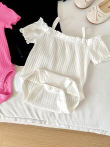 SHEIN LMoss Kids 3件套新生女宝宝休闲可爱简约纯色露肩短袖连体衣 - 彩色 - 查看 5