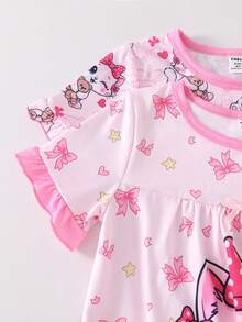 2-Piece Girls Toddler Round Neck Short Sleeve Nightgowns,Cute Rabbit And Bear Print Soft Knit Sleepwear,Fairy,Family Matching,Holiday,Pink Ruffle Hem - Baby Pink - View 3
