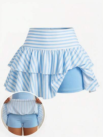 SHEIN Girlism 少女休闲、运动、上学、返校季，黑色荷叶边下摆短裤搭配伞裙，春夏装