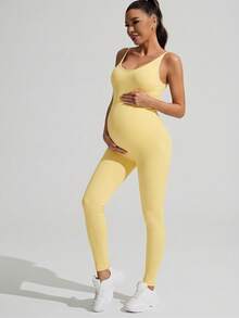 SHEIN 孕妇纯色罗纹休闲连体裤 - 黃色 - 查看 7