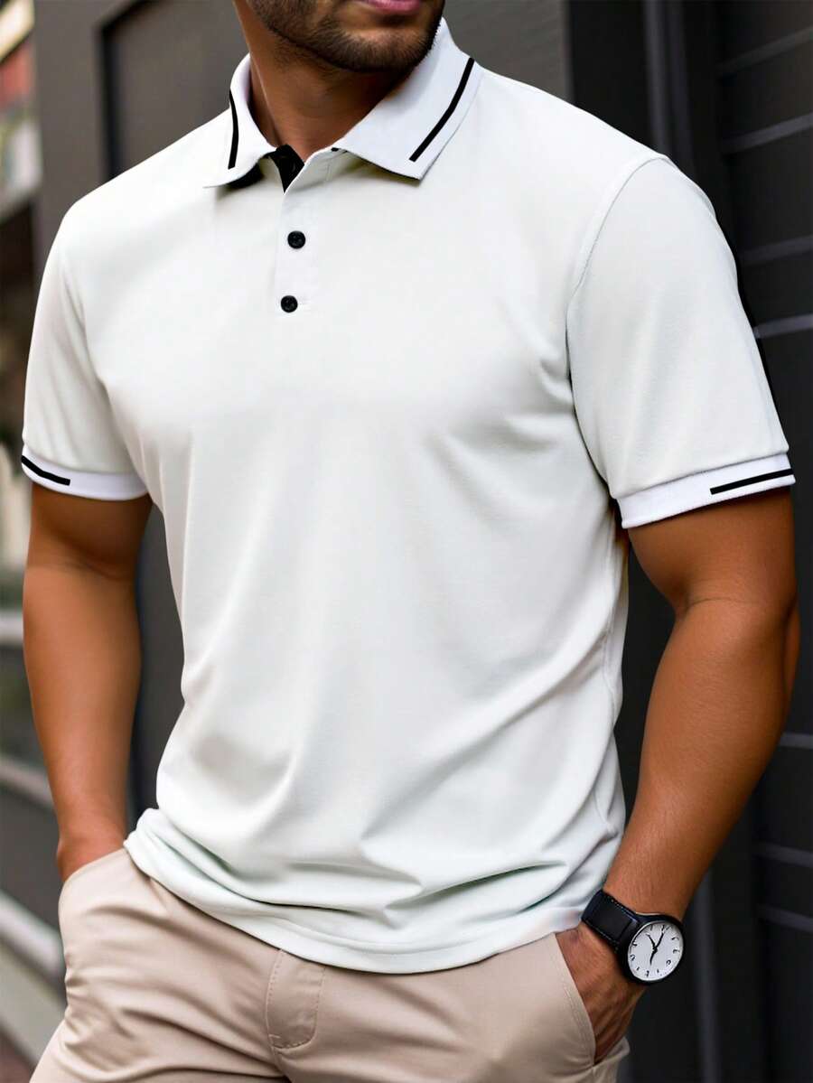 Manfinity Homme Men's Contrast Color Polo Shirt With Half-Placket, Short Sleeve, Casual For Summer - White - View 1