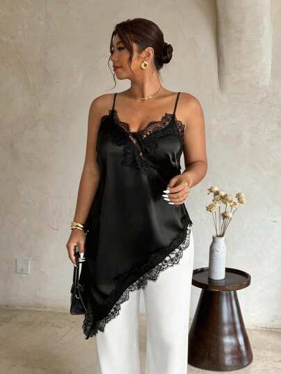 Firerie Plus Size Elegant Lace Trim Asymmetric Hem Camisole For Summer