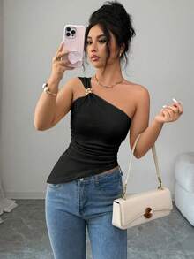 Rafferiza Blusa elegante y sexy de mujer con cuello halter sin mangas, con decoración metálica, tela texturizada, recogido en la cintura, adecuada para salidas, citas, vacaciones - Negro - Ver 6