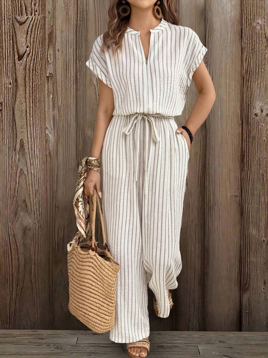 Pantalón de una pieza casual de verano con rayas tejidas para mujer - Albaricoque - Ver 1