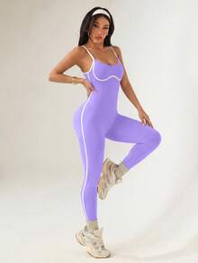 Sovereign Charm Women's Summer Contrast Trim Tight Elastic Spaghetti Strap Jumpsuit - Lilac Purple - View 7