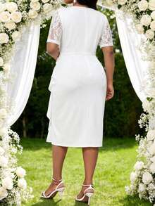 SHEIN Lady Plus Size Women Solid Color Contrast Lace Ruffle Elegant Dress - White - View 2