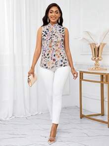 SHEIN Lady Áo kiểu nữ thanh lịch không tay, họa tiết hoa, viền bèo nhún, thích hợp cho mùa hè. - Nhiều màu - Xem 6