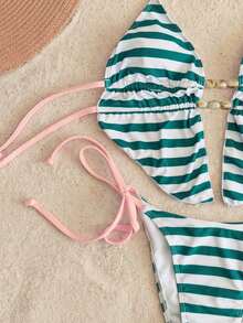 Swim Mod Bộ bikini mùa hè dành cho nữ, họa tiết hoa nhí, kẻ caro xanh dương, điểm nhấn hạt nhựa màu tương phản, gồm áo hai dây và bikini. - Nhiều màu - Xem 6
