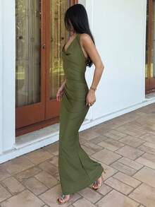 AmyJordy Sexy Backless Solid Color Fitted High-End Vintage French Style Long Dress For Women Party - Olive Green - View 6