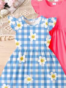 SHEIN Elladie kids 3件組少女花卉與格紋印花荷葉袖A字洋裝，甜美可愛，適合夏季戶外穿著 - 彩色 - 查看 9