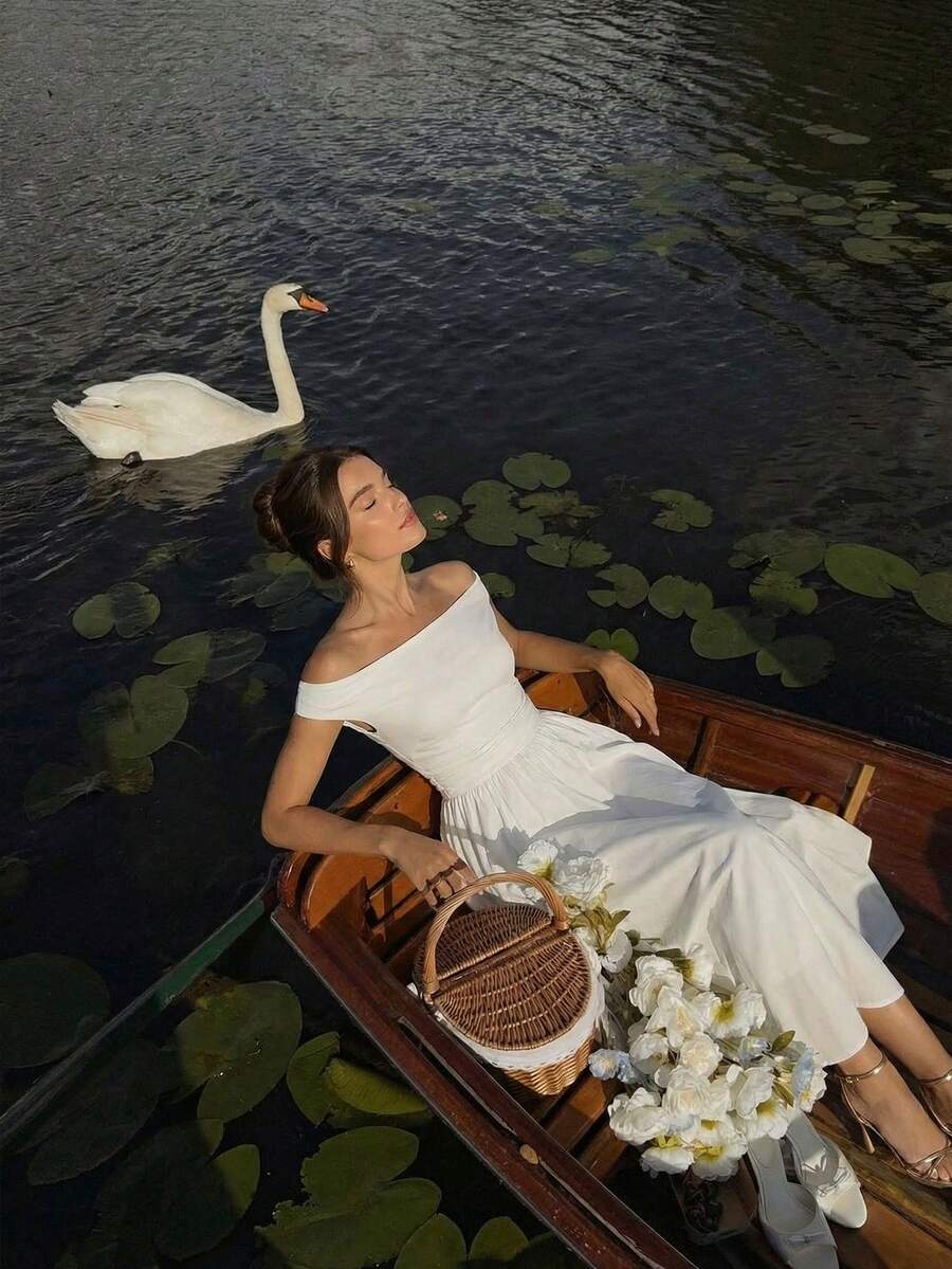 Enchnt Summer Romantic Women's White Off-Shoulder Long Dress,Sweet&Elegant For Vacation&Date&Holiday&Going Out,Spring Outfit Women Off The Shoulder White Dress White Midi Dress Elegant White Dress Women - White - View 1