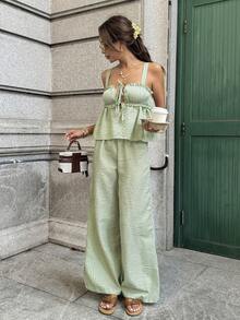 Pariaura 女士法式优雅格纹领带泡泡纱绿色套装，适合度假、野餐和休闲穿着 - 綠色 - 查看 5