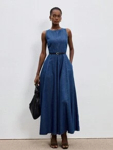 ATUI Studio Đầm denim nữ dáng suông không tay, eo xếp ly, gấu xòe, không kèm thắt lưng. - trắng - Xem 2