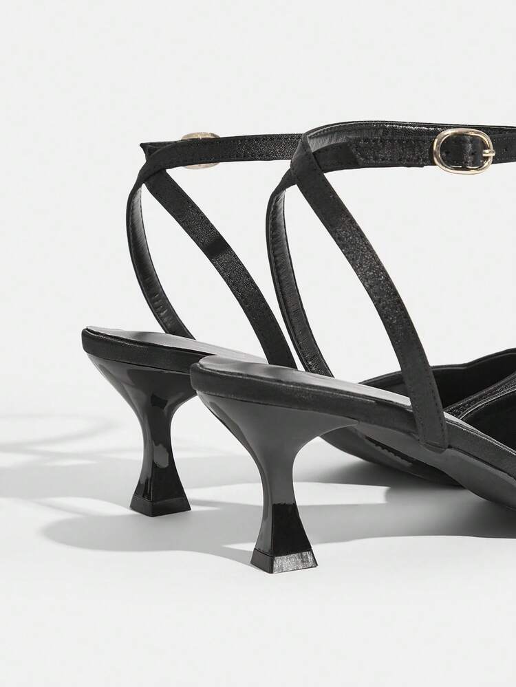 CUCCOO TILAWA Women Shoes Women's Fashion Pointed Black Rhinestone Ankle Strap Fashion Party Dinner Gorgeous Sexy Kitten Heel Women's High Heel Shoes Slingback Shoes