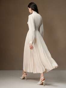 Anewsta Tall Đầm xếp ly cổ nơ thanh lịch dành cho nữ, thích hợp cho trang phục maxi dự tiệc đêm giao thừa. - Màu be - Xem 2