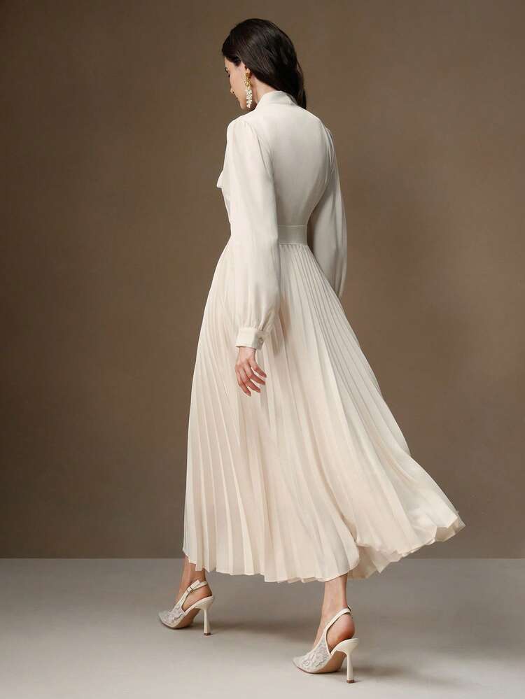 Women Elegant Bow Tie Collar Pleated Dress, Suitable For New Year's Eve Maxi Women Outfit