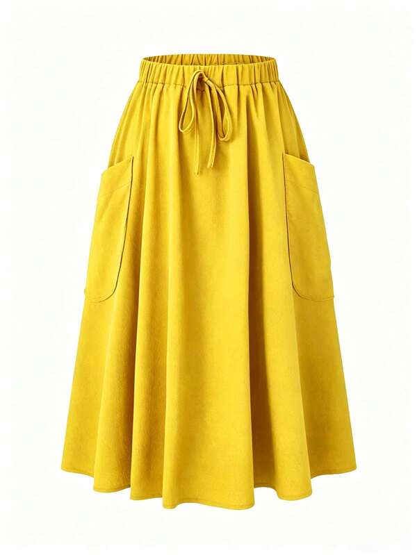 DreamSkyne Plus Size Women's Casual Solid Color Twist Elastic Waist Patchwork Pocket A-Line Midi Skirt,Yellow Sommar Picnic Beach Summer Skirt With Pockets Fall
