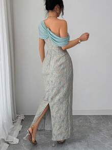 Elenzga Đầm dài nữ bán chạy nhất, chất liệu vải jacquard vàng có họa tiết, kiểu dáng thanh lịch, cổ bẻ chéo, cổ áo choàng voan với nơ thắt, thích hợp cho các bữa tiệc, hẹn hò, mua sắm, lễ hội âm nhạc và nhiều dịp khác trong mùa xuân/hè. - màu xanh lá - Xem 2