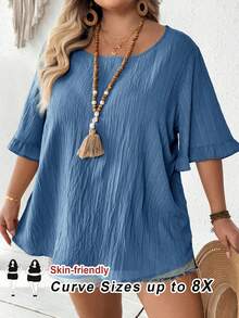 SHEIN CURVE+ Damen Große Größen Khaki Bluse, Rüschen Kurzarm Locker Saum Lässig Urlaubskleid, Strandoutfit für Frauen/Strandkleid/Strandurlaub Outfits/Strandutensilien/Abschlussfeier/Tea Party Kleid, Sommer/Land/Strandurlaub Outfits/Strandoutfits/Strandmode - Königsblau - Übersicht 1