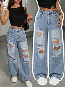 Jeans style de rue pour adolescentes, coupe droite ample, couleur bleu clair en denim, design déchiré et délavé, tissu doux et confortable, convient pour l'école, les déplacements et les sorties décontractées, toutes saisons - Jean clair - Voir 1