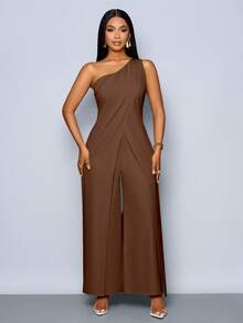 SOLERSUN Mono de pierna ancha con abertura, sin mangas y de un solo hombro, de moda para mujer en primavera y verano - Café integral - Ver 6