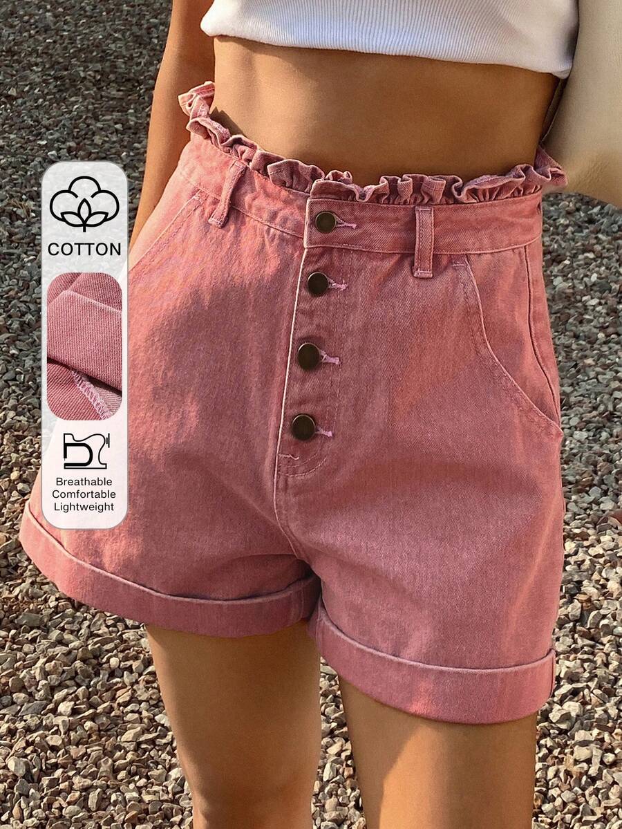 Spring & Summer Casual Frill Trim Pink Cotton Women's Denim Shorts - Pink - View 1