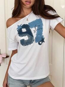 DAZY White Cotton Asymmetrical Shoulder Short Sleeve Numeric Print Loose T-Shirt For Women, Suitable For Spring & Summer Vacation Graphic Tees Women - White - View 5