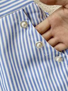 Airaco Short large à taille haute avec poches, à rayures verticales bleues et blanches, avec décoration de fausses perles pour femmes - Bleu azur - Voir 7