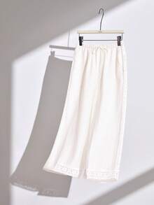 Summer Soft White Linen Wide-Leg Pants Lace Trim & Elastic Waist Gentle Comfy Summer Lounge Wear - Beige - View 3