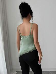 Camiseta de mujer de estilo francés elegante con contraste de color y encaje, con bajo asimétrico - verde menta - Ver 2