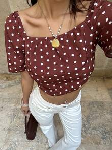 SHEIN PariChic Áo croptop chấm bi hở lưng, thắt nơ, xếp ly, thích hợp mặc đi nghỉ mát, áo kiểu cho nữ. - màu nâu - Xem 4