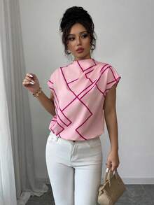 Elenzga Women's Spring/Summer Casual Elegant Mandarin Collar Asymmetric Geometric Digital Print Short Sleeve Blouse Blouse For Women Elegant Classy Pink Gingham Latest Tops For Women New Arrivals Elegant Top For Woman Pink Scarf Top Hot Pink Business Casual Women Tops Geometric Print Top Pink Blouse Women - Pink - View 3