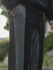Devon Thys 休闲拼接撞色抽绳宽松阔腿男士裤 - 深灰色 - 查看 3