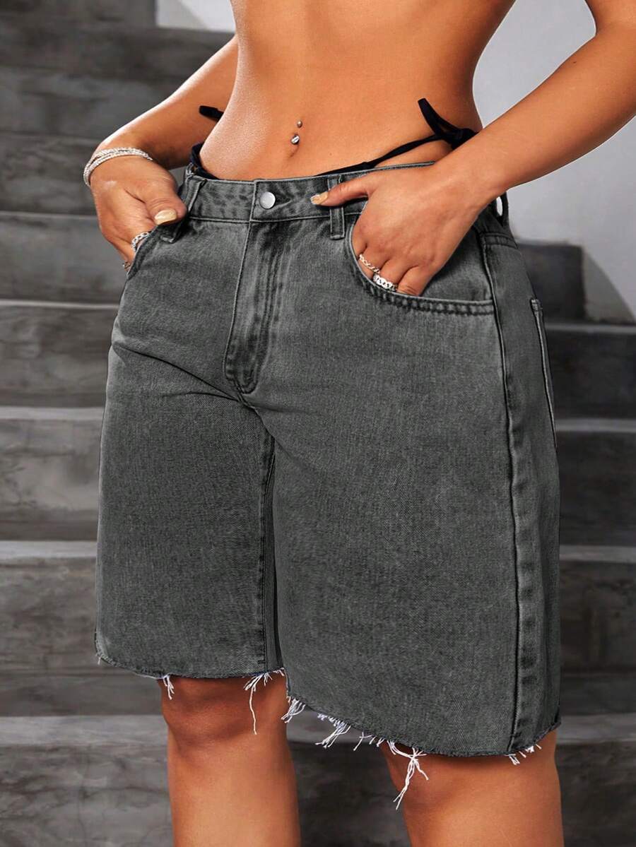 SHEIN EZwear 大码女式带口袋纽扣休闲百搭日常牛仔短裤 - 淺灰色 - 查看 1