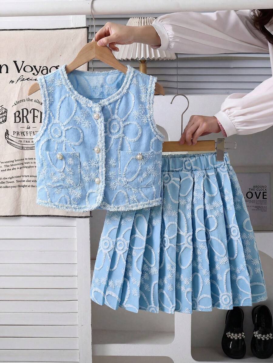 SHEIN 女童无袖蝴蝶结开衫上衣和百褶裙优雅两件套,夏季 - 藍色 - 查看 1
