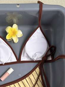 Swim Mod Vaytide Women's Sweet Sexy Geometric Striped Contrast Color Bikini Set, Vacation Swimwear Set, Spring/Summer, Two Pieces Beach Beige - Multicolor - View 9