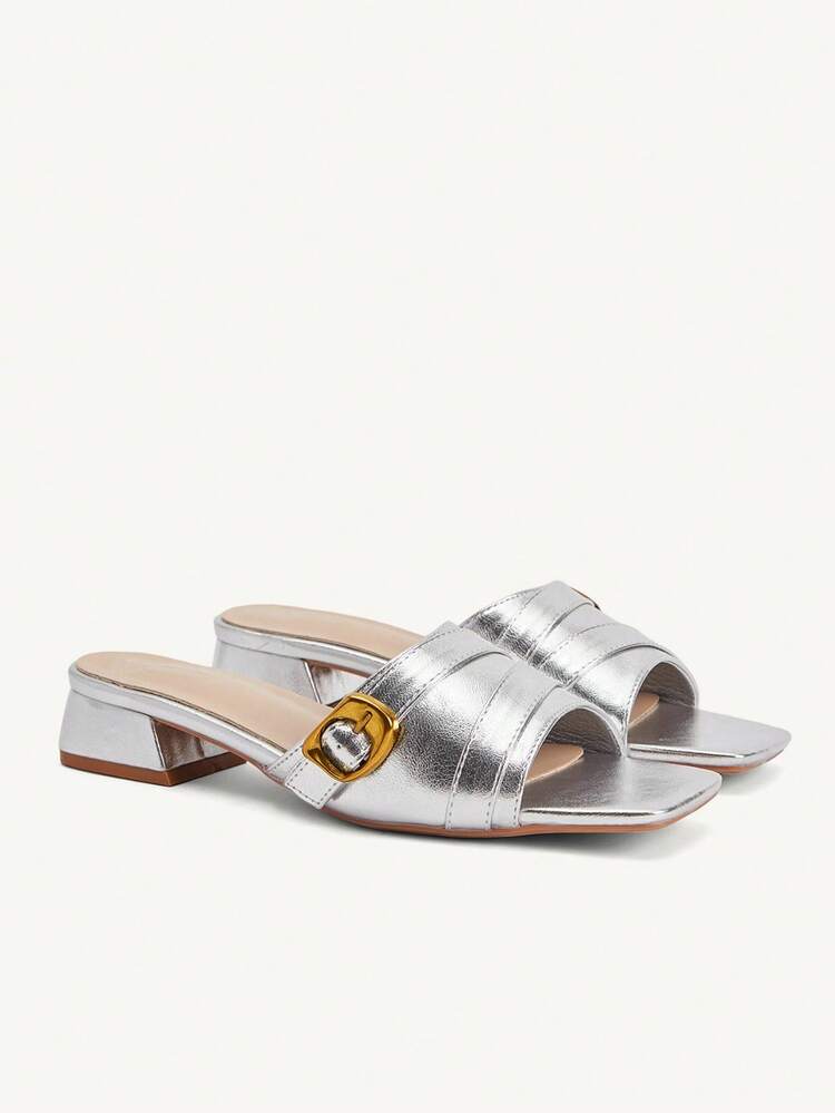 CUCCOO CHICEST Square Toe Square Heel Lightweight Fashionable Outer Wear Versatile Elegant Silver Slippers Summer Shoes
